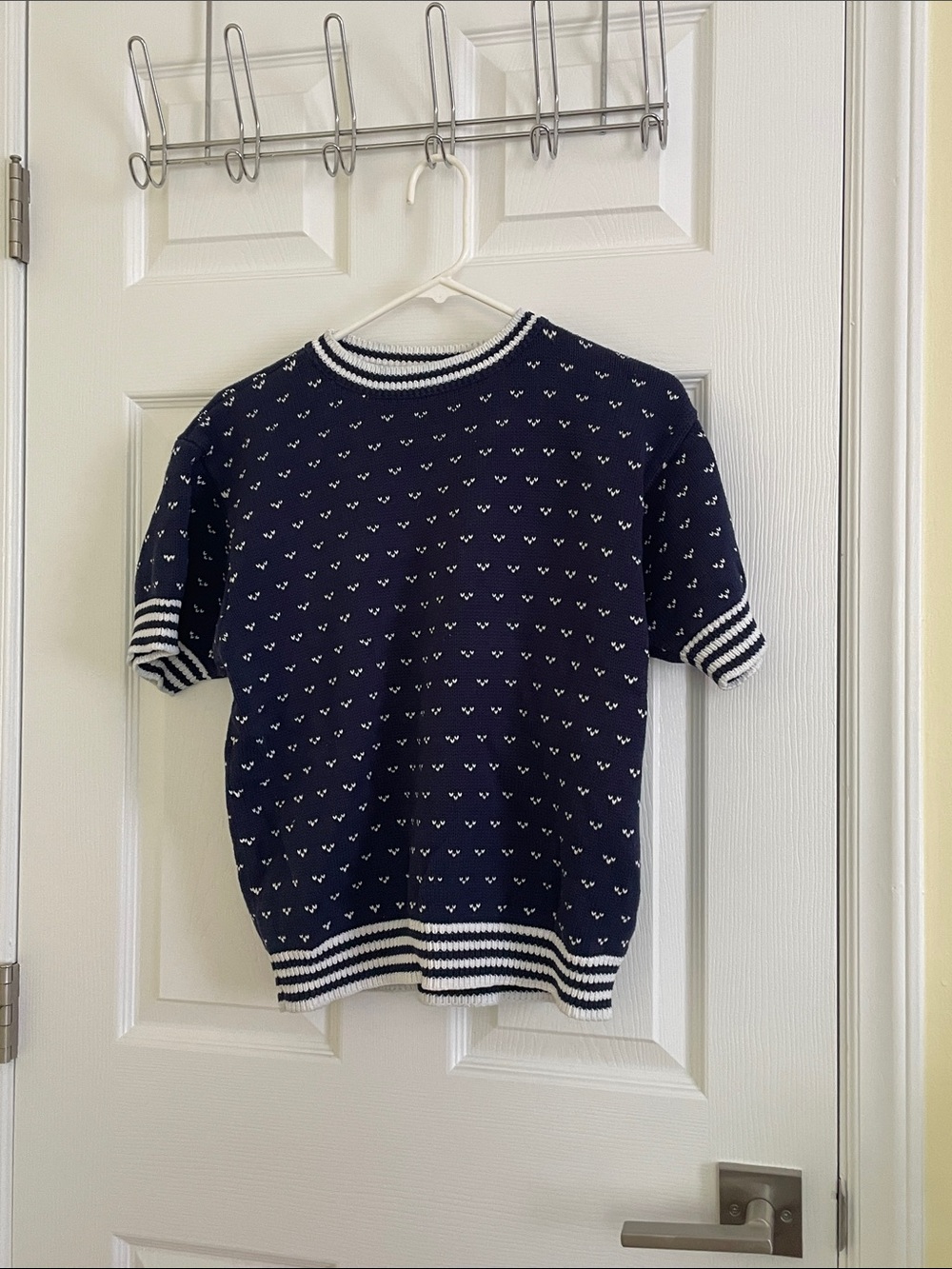 Navy Short-Sleeve Knit Top with White Micro Dot Pattern - Brand
